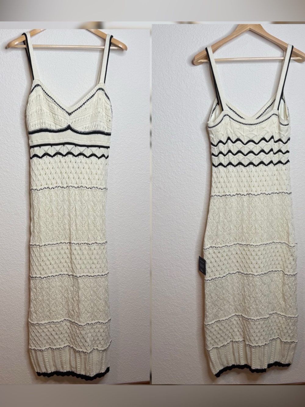 Lulus Cream & Black Cable Knit Midi Dress V-Neck, Sweater Dress, Size XL, NWT